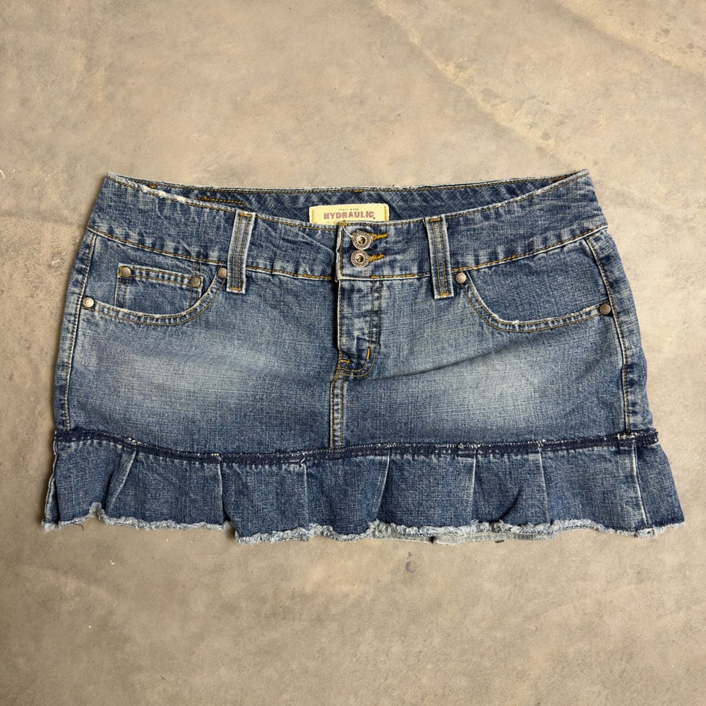 Y2K Hydraulic Denim Mini Skirt Womens 11/12 Blue Pleated Raw Hem Low Rise Micro